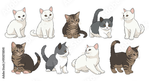 Ten distinct kittens in various poses and fur patterns, including white, tabby, and grey-and-white, are arranged on a plain white background.