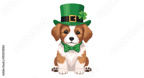 A fluffy brown and white puppy wearing a vibrant green leprechaun hat and a matching polka-dot bow tie sits on a white background.