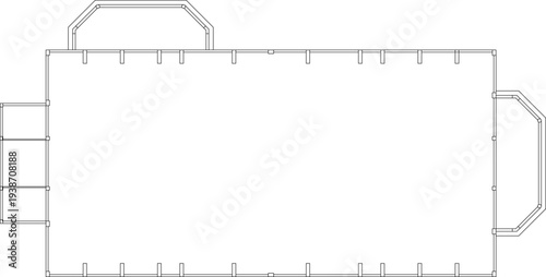 Technical architectural floor plan showing rectangular building layout with structural columns along walls and protruding sections in black and white line art style.
