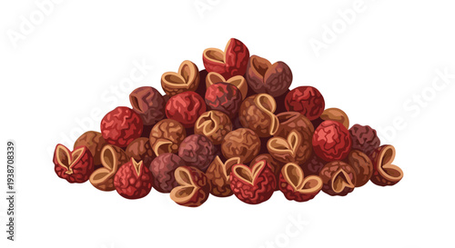 A vibrant heap of reddish-brown Sichuan peppercorns, many with visible inner seeds, is precisely centered on a clean white backdrop, showcasing their unique husks.
