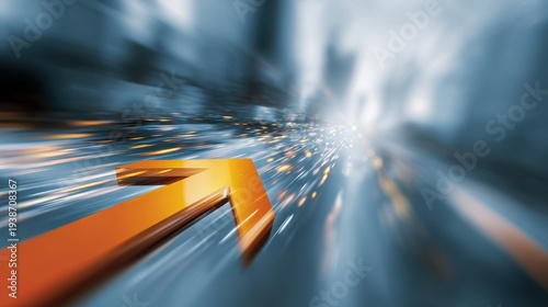 Abstract golden arrow moving fast through a blurred city