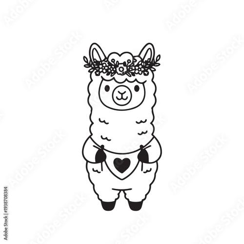 Adorable cartoon llama wearing a flower crown and holding a heart.