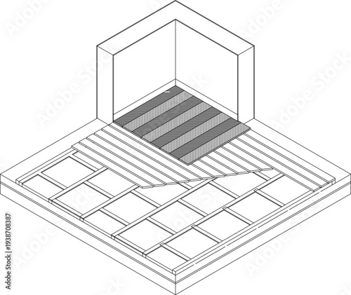 Technical isometric drawing showing floor framing structure with joists, beams, and planks, featuring a shaded section and corner walls in line art style.