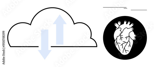White cloud with up and down arrows next to a detailed anatomical heart in black circle. Ideal for technology, healthcare, innovation, connectivity, data exchange, life sciences, simple flat metaphor