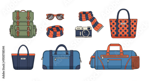 A diverse assortment of eight travel and fashion accessories, including a green backpack, sunglasses, scarves, a camera, and various bags, is neatly laid out on a pristine white background.