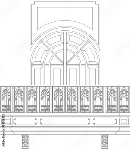Technical architectural elevation showing ornate balcony with elaborate scrollwork balustrade panels, arched window feature above and classical supporting columns in line art style.