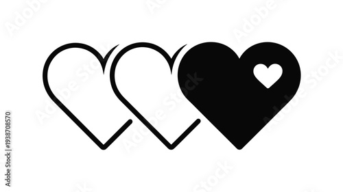 Three heart icons showing progression isolated on white background