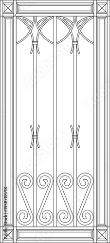 Ornate tall decorative gate or door panel featuring vertical bars, elaborate bottom scrollwork with swirling motifs and geometric patterns at top in line art style.