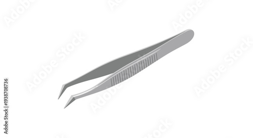A solitary, metallic silver pair of slanted-tip tweezers with a textured grip is precisely angled on a clean, bright white surface.