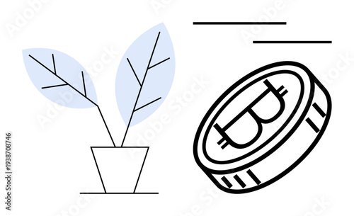 Cryptocurrency trends, green investments, financial growth, eco-conscious economy, blockchain technology, digital assets. Bitcoin coin alongside a plant. Cryptocurrency trends and green investments