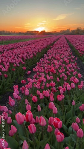 Pink tulip field at sunset in the Netherlands, rows of spring flowers leading to the horizon