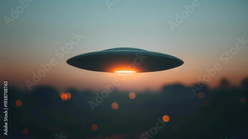 Mysterious Encounter: A UFO hovers silently in the twilight sky, its illuminated underbelly casting an eerie glow over the landscape below, igniting curiosity about the unknown. 
