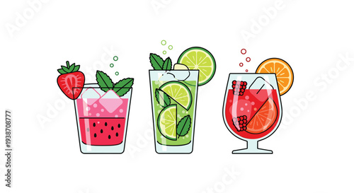 Three vibrant, refreshing cocktails are neatly arranged in clear glasses, each garnished with fresh fruit and mint, against a pristine white background.