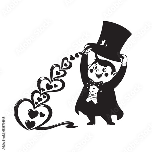 Whimsical magician with top hat conjures hearts toward a bunny companion in a playful black and white cartoon illustration.