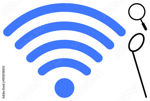wireless connection concept. wireless with signal waves and magnifying glass icons network search and analysis. wireless for internet access, communication, research, connectivity, and technology