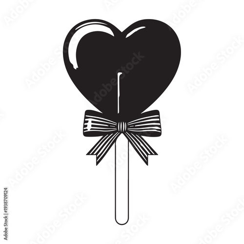 Black heart shaped lollipop with a white ribbon bow illustration for sweet treat imagery.