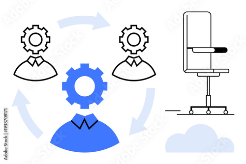 Employment, teamwork, process optimization, productivity, remote work, office organization. Gear icons connected to profiles and an office chair. Teamwork and productivity concept