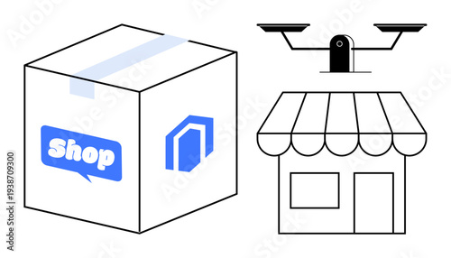 E-commerce, online shopping, delivery, logistics, technology, retail. Box with shop label, storefront and delivery quadcopter. E-commerce and delivery concepts illustrated with essential elements