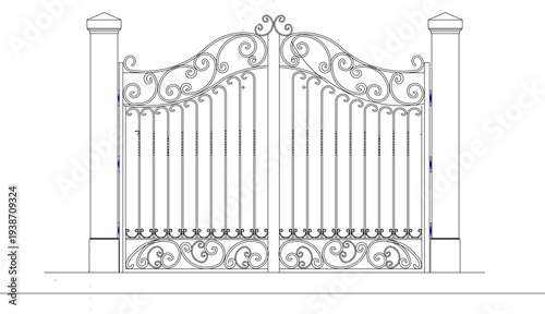 Ornate double swing gate design featuring elaborate scrollwork patterns, vertical bars, decorative pillars and symmetrical swirling motifs in line art style.