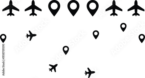 Travel plane icons with various flight paths and location markers isolated on white background