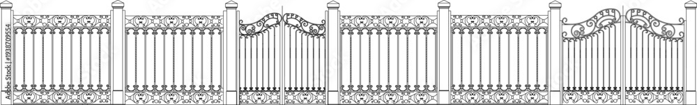 Naklejka premium Ornamental fence and gate design featuring decorative scrollwork, vertical bars with ornate posts, arched gate panels and symmetrical patterns in line art style.
