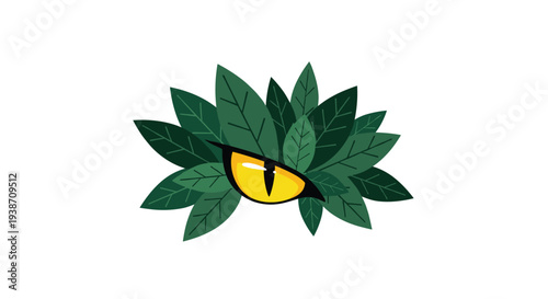 A striking yellow cat-like eye with a black pupil peers out from behind a dense cluster of dark green, overlapping leaves against a stark white background.