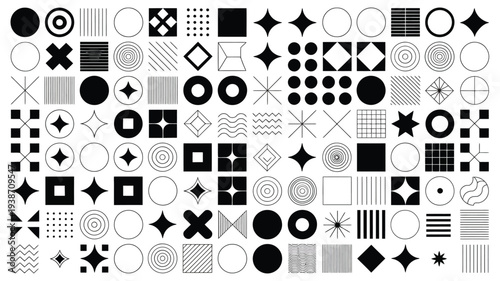 Collection of black geometric shapes and patterns isolated on white background