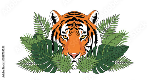 A detailed illustration of a tiger's head with prominent orange and black stripes and piercing yellow eyes emerges from a lush arrangement of various green tropical leaves.