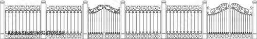 Ornamental fence and gate design featuring decorative scrollwork, vertical bars with ornate posts, arched gate panels and symmetrical patterns in line art style.