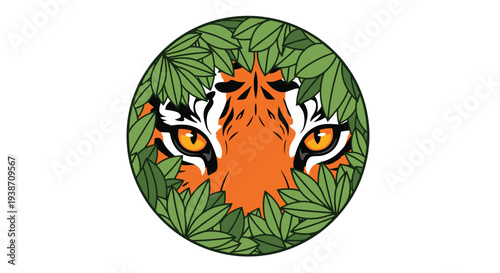 A circular frame densely filled with overlapping green leaves reveals only the intense orange and black striped eyes and nose bridge of a tiger.