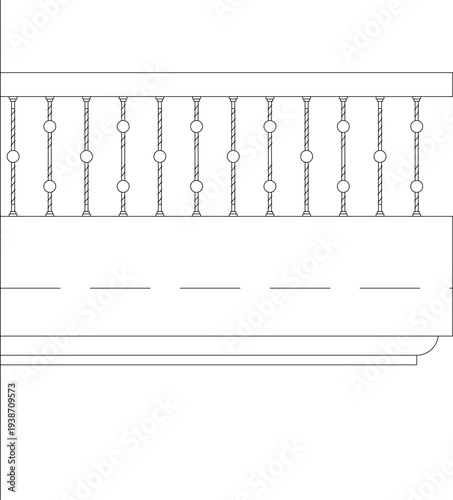 Technical drawing of ornamental balustrade design featuring twisted vertical balusters with decorative spherical elements and horizontal rails in line art style.