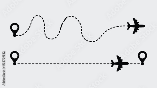 Two airplane travel routes with pin location markers isolated on white background