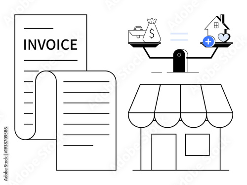 Financial management with an invoice, budget balancing scale, and a small business shop. Financial planning helps maintain a balance between expenses and assets. For accounting, budgeting