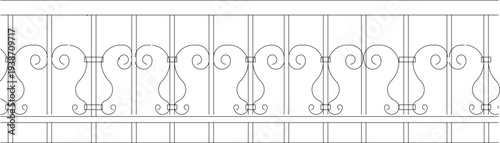 Ornamental railing or balustrade design featuring decorative scrollwork patterns with vertical bars and elegant curved motifs in minimalist line art style.