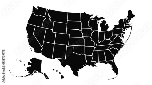 Silhouette map of the United States of America isolated on white background