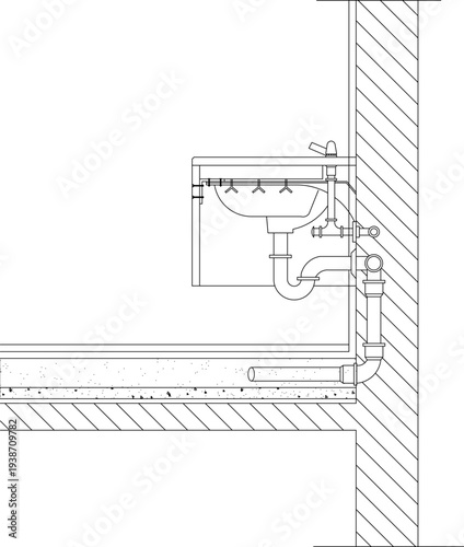 Technical plumbing cross-section drawing showing sink installation with drainage pipes, P-trap, water supply connections, wall and floor structure details.
