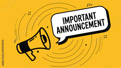 Important announcement megaphone communication icon on yellow background