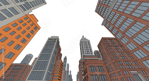 A low-angle perspective showcases several cartoon-style city buildings with orange and grey facades against a bright white sky.