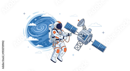 An astronaut in a white suit is tethered to a satellite with solar panels, floating near a swirling blue planet in space.