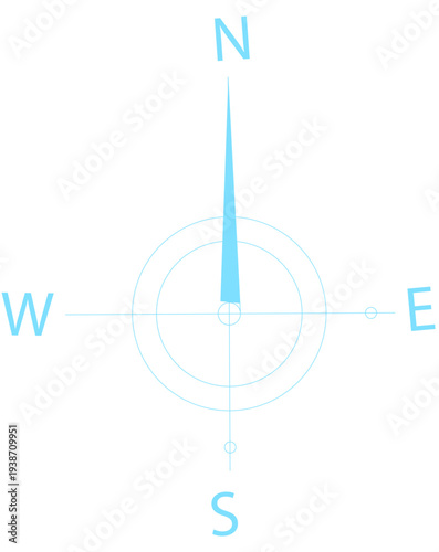 Minimalist compass rose showing cardinal directions N, S, E, W with blue needle pointing north, concentric circles on white background, navigational symbol in line art style.