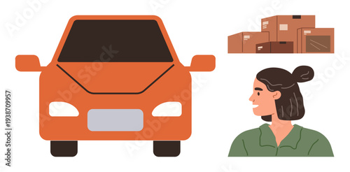 Logistics, transportation, shipping, courier, e-commerce, delivery service. Orange vehicle, stacks of boxes and a smiling woman. Logistics and transportation concept