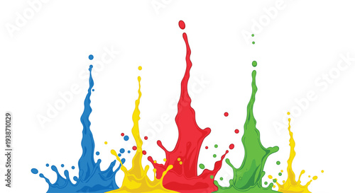 Five distinct paint splashes in blue, yellow, red, and green surge dynamically upwards from a base against a white background.