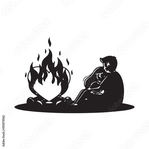 Silhouette of a person camping beside a campfire in an outdoor scene.