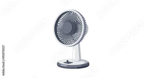 A white desk fan with a detailed circular grille and visible blades is angled slightly to the left on a clean, bright white background.