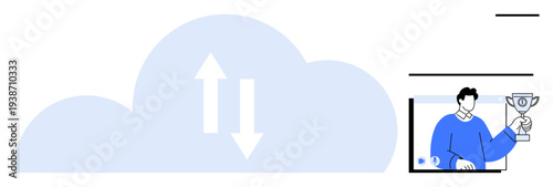 Cloud storage icon with arrows representing data transfer and a virtual meeting participant celebrating their achievement. Ideal for technology, remote work, awards, data transfer, teamwork, cloud