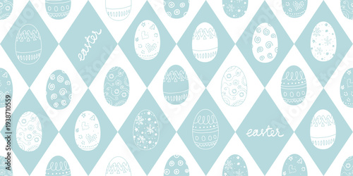 Seamless Easter pattern with decorated eggs and Easter lettering in diamond grid. Soft pastel blue tones ideal for wrapping paper, textiles and seasonal decor.
