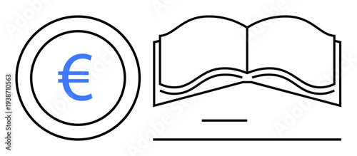 Financial literacy, education, economics, savings, currency, knowledge. Euro symbol on coin and open book outline. Financial literacy and education through currency and learning