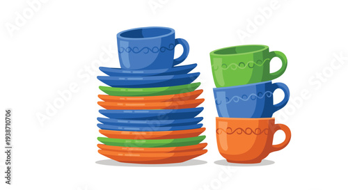 Two neat stacks of brightly colored ceramic plates and cups with saucers are arranged on a clean white background.