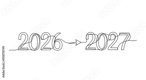 Year Transition 2026 to 2027: Continuous Line Art of Numbers and Arrow