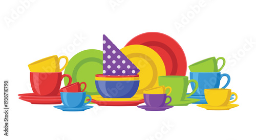 A festive collection of brightly colored plates, cups, and bowls, along with a purple party hat, is scattered across a white background.